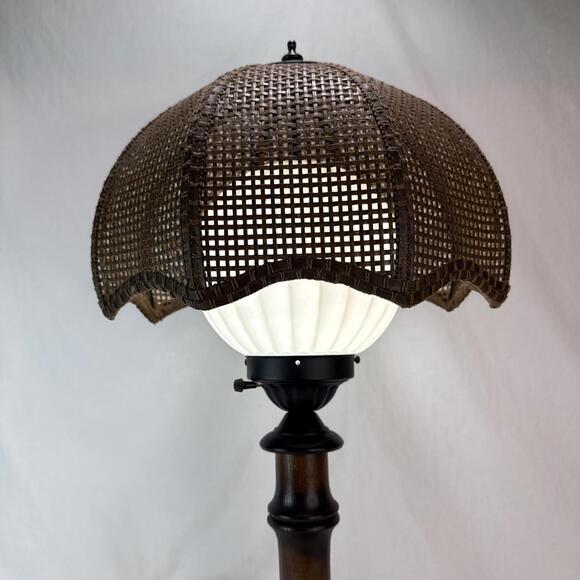 Vintage 70's Tropical BAMBOO LAMP Wicker Shade White Glass Globe Boho Chic - Picture 2 of 15